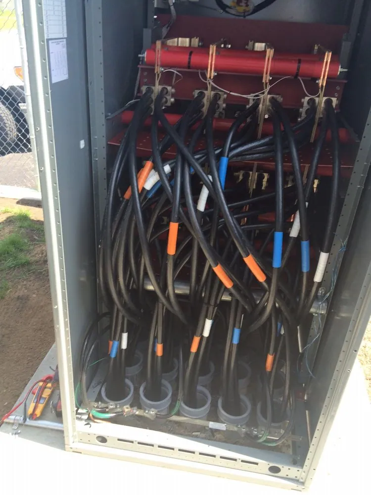 Large cables terminated inside an open switchgear cabinet